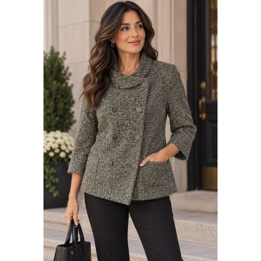 Talbots Womens 12 Green Wool Blend Tweed Jacket Asymmetrical Button Blazer